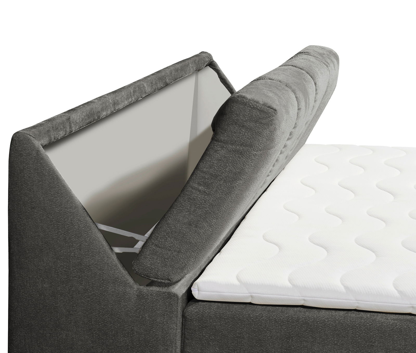 Seitliche Nahaufnahme eines grauen Boxspringbetts mit hochgeklapptem Kopfteil und weißer Matratze.