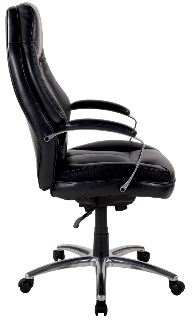 Schwarzer Chefsessel aus Leder mit Armlehnen, Seitenansicht