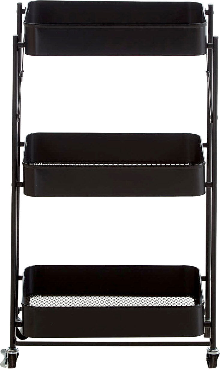 Schwarzer, dreistufiger Rollwagen aus Metall mit drei Ablagekörben, Frontansicht auf weißem Hintergrund