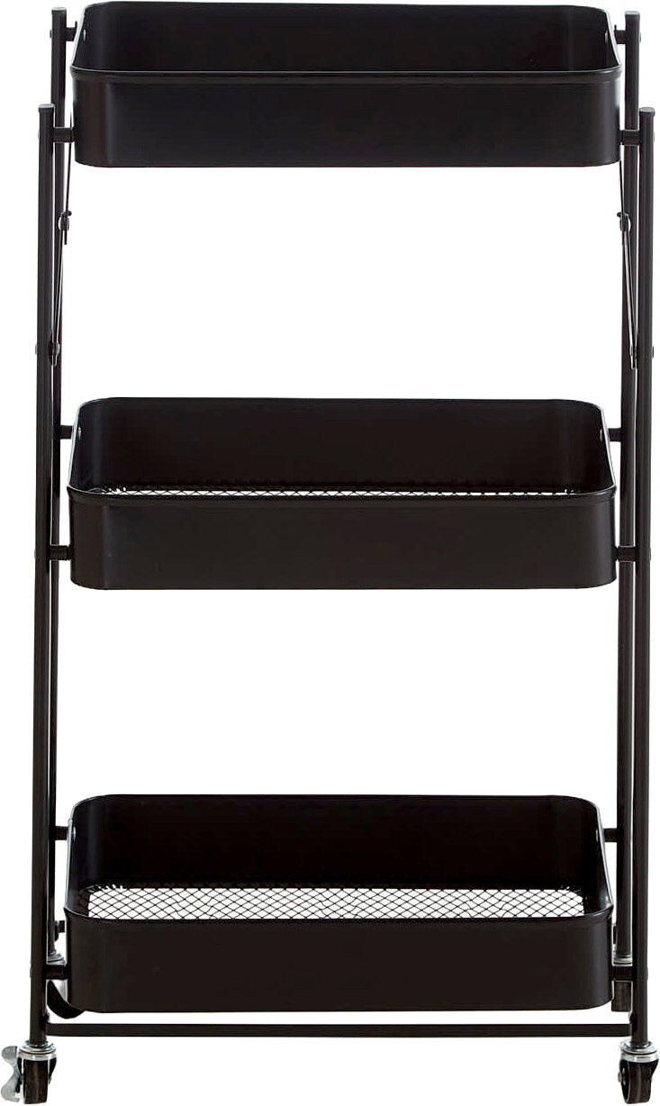 Schwarzer, dreistufiger Rollwagen aus Metall mit drei Ablagekörben, Frontansicht auf weißem Hintergrund