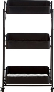 Schwarzer, dreistufiger Rollwagen aus Metall mit drei Ablagekörben, Frontansicht auf weißem Hintergrund