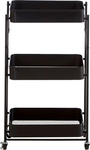 Schwarzer, dreistufiger Rollwagen aus Metall mit drei Ablagekörben, Frontansicht auf weißem Hintergrund