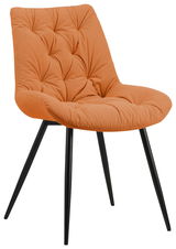 Moderner orangefarbener Stuhl mit gepolsterter Sitzfläche und schwarzen Metallbeinen, seitliche Perspektive