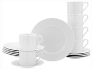 Weißes Kaffeeservice 18-tlg mit elegantem Muster, bestehend aus Tassen, Untertassen und Tellern, seitliche Perspektive