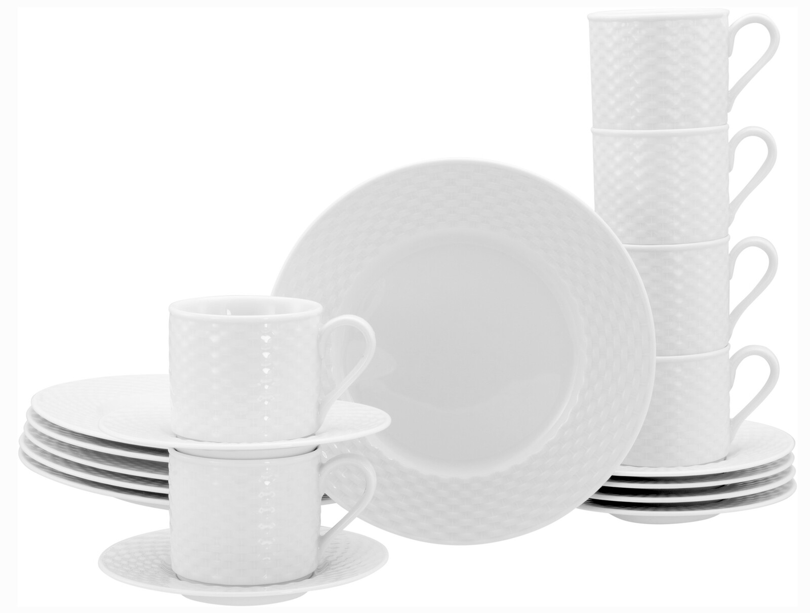 Weißes Kaffeeservice 18-tlg mit elegantem Muster, bestehend aus Tassen, Untertassen und Tellern, seitliche Perspektive