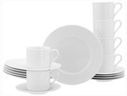 Weißes Kaffeeservice 18-tlg mit elegantem Muster, bestehend aus Tassen, Untertassen und Tellern, seitliche Perspektive