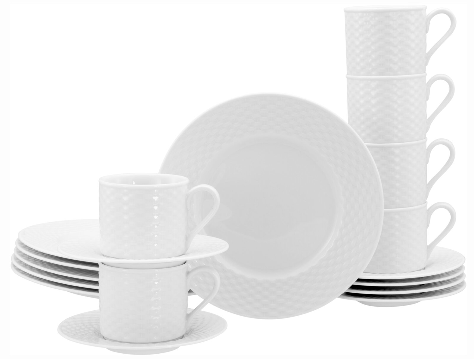 Creatable Kaffeeservice 18-tlg POLO Weißes Kaffeeservice 18-tlg mit elegantem Muster, bestehend aus Tassen, Untertassen und Tellern, seitliche Perspektive