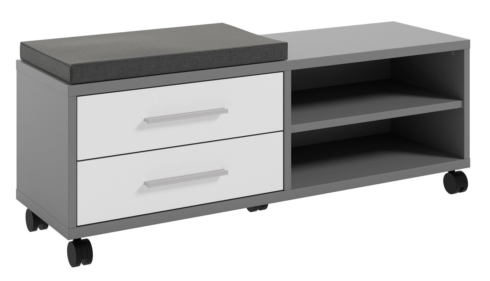 Sitz-Rollcontainer mit zwei Schubladen und zwei offenen Fächern, graue Polsterung, auf Rollen, seitliche Perspektive