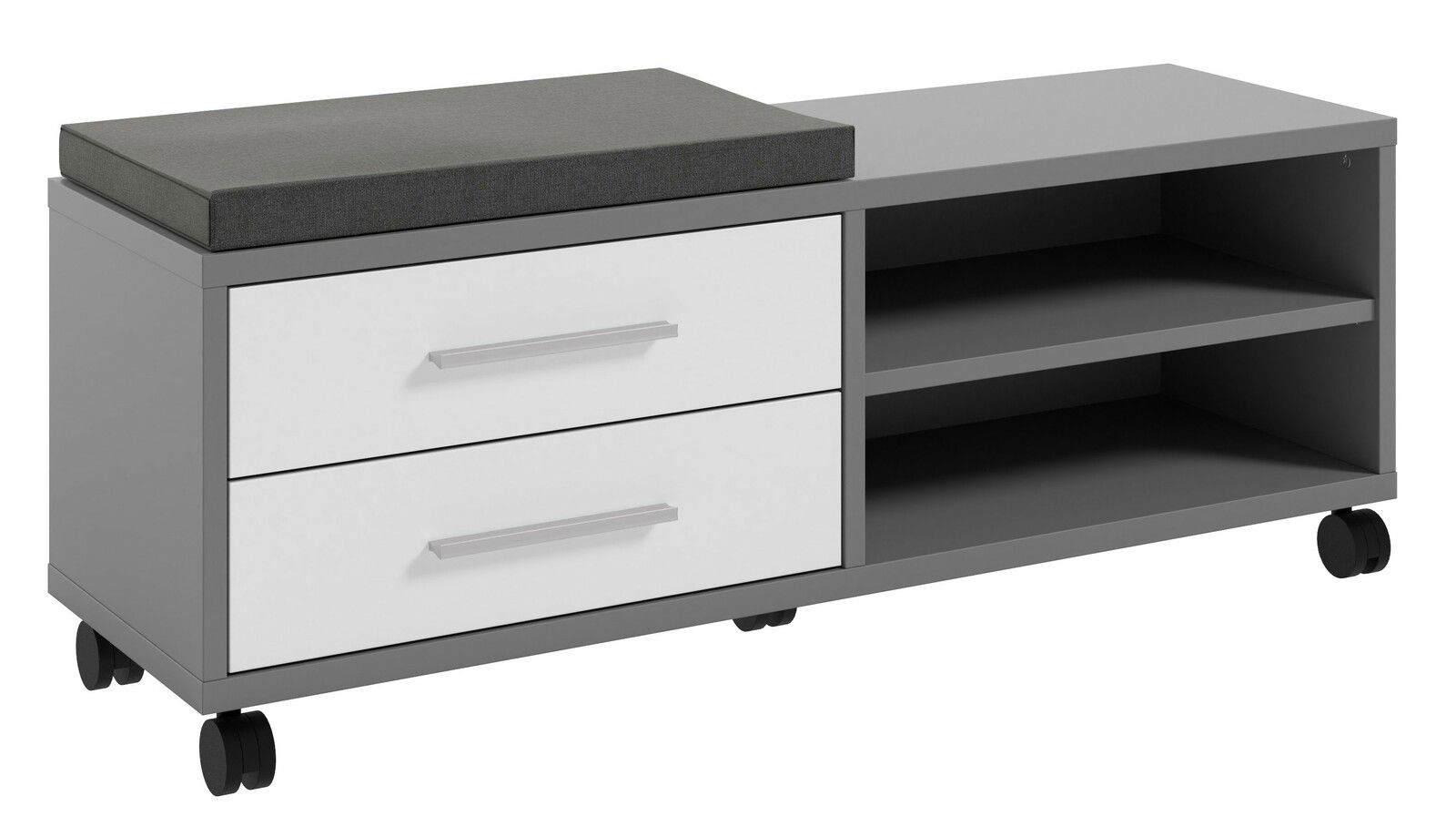 Sitz-Rollcontainer mit zwei Schubladen und zwei offenen Fächern, graue Polsterung, auf Rollen, seitliche Perspektive