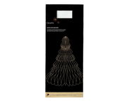 Verpackung einer Papierdekoration in Form eines Baumes, frontal abgebildet, mit goldenen Linien auf schwarzem Hintergrund.