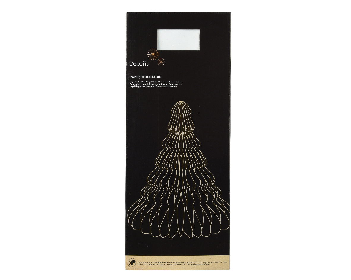Decoris Papierbaum 60cm Verpackung einer Papierdekoration in Form eines Baumes, frontal abgebildet, mit goldenen Linien auf schwarzem Hintergrund.