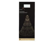 Verpackung einer Papierdekoration in Form eines Baumes, frontal abgebildet, mit goldenen Linien auf schwarzem Hintergrund.