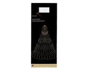 Verpackung einer Papierdekoration in Form eines Baumes, frontal abgebildet, mit goldenen Linien auf schwarzem Hintergrund.