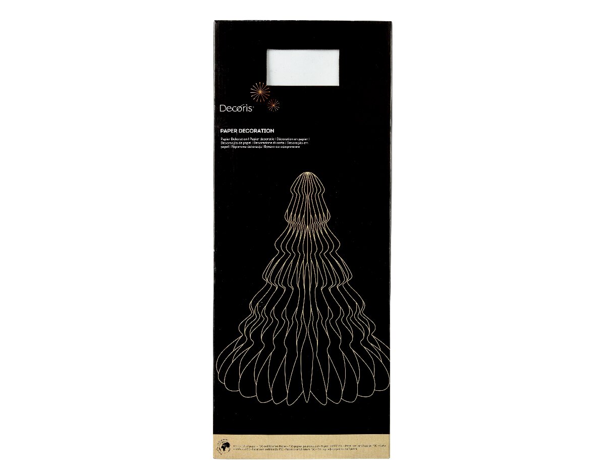 Verpackung einer Papierdekoration in Form eines Baumes, frontal abgebildet, mit goldenen Linien auf schwarzem Hintergrund.