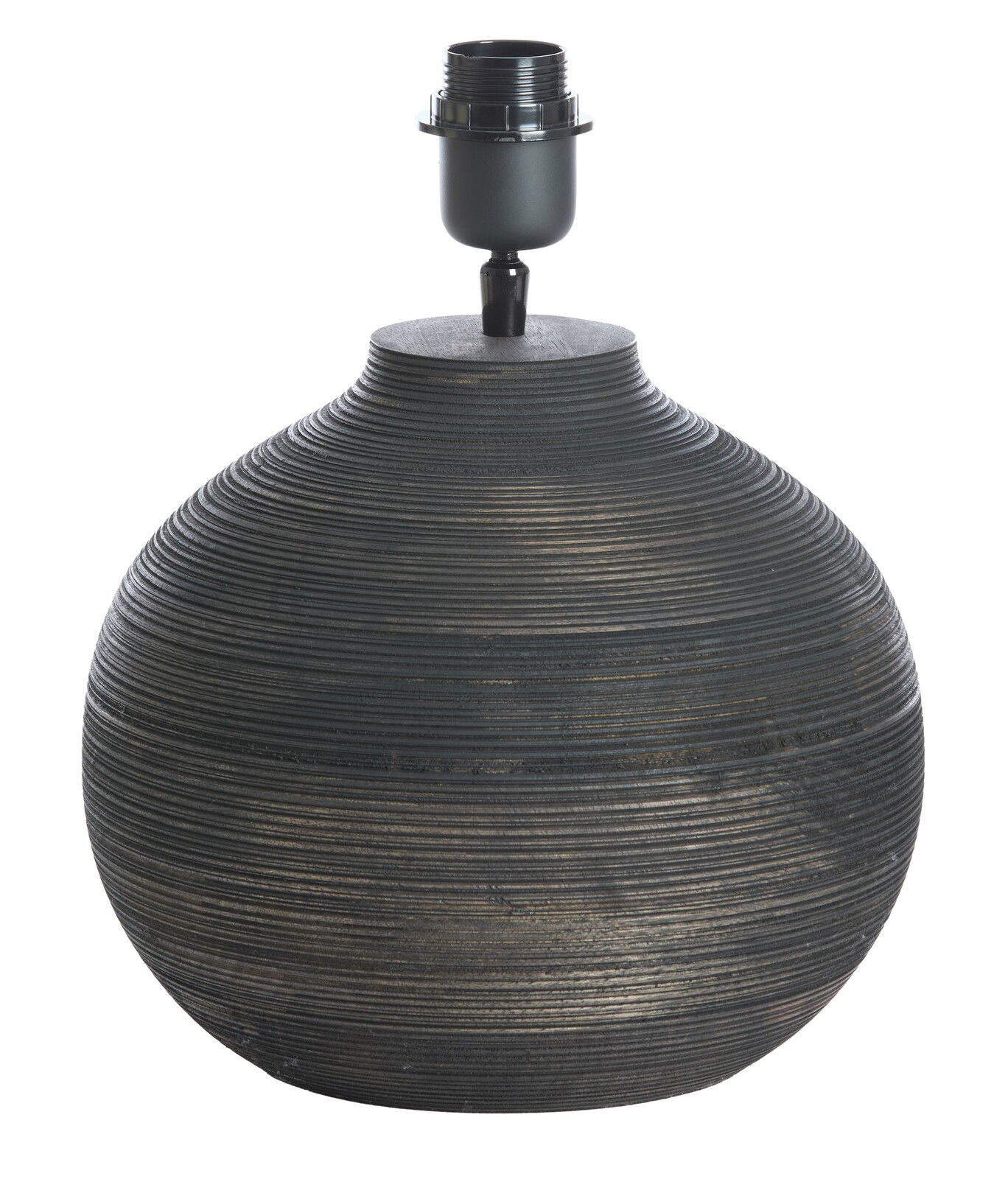 Runder, geriffelter Lampenfuß aus dunklem Material, seitliche Perspektive