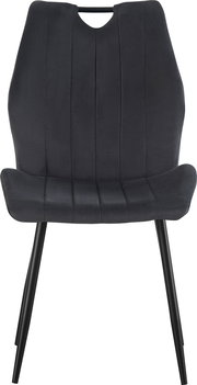 Schwarzer gepolsterter Esszimmerstuhl mit hoher Rückenlehne, vertikalen Steppnähten und schwarzen Metallbeinen, Frontansicht