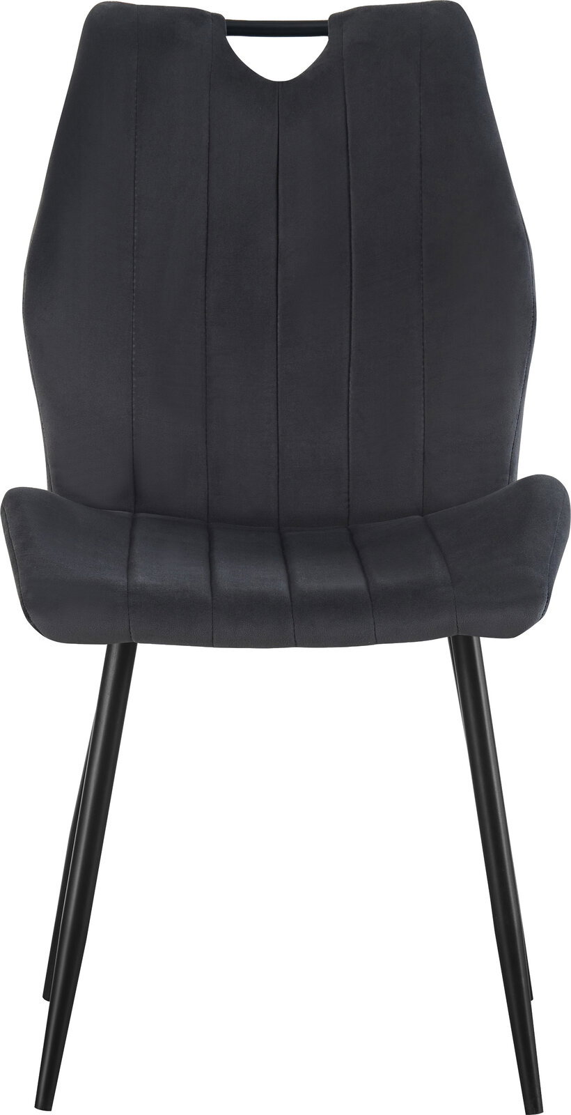 Schwarzer gepolsterter Esszimmerstuhl mit hoher Rückenlehne, vertikalen Steppnähten und schwarzen Metallbeinen, Frontansicht