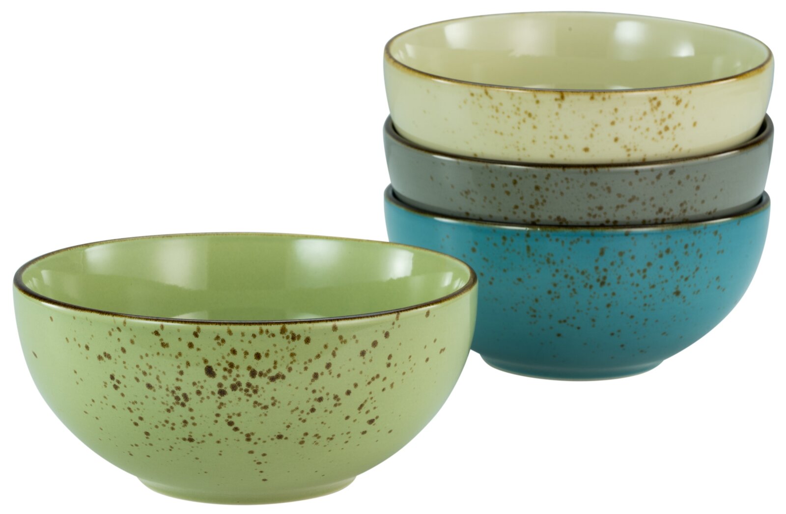 Creatable Buddha Bowl 4-tlg NATURE COLLECTION Vier bunte Buddha-Schalen in verschiedenen Farben, gestapelt und aus seitlicher Perspektive fotografiert.