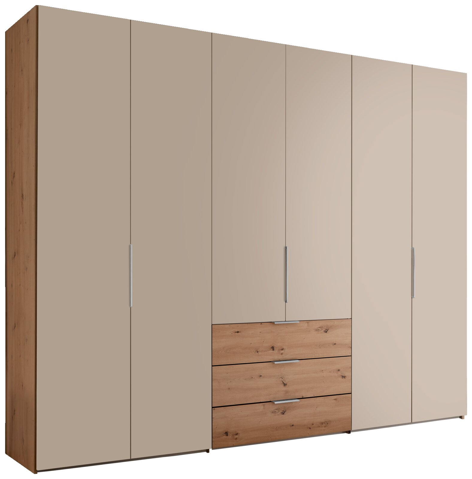 Moderner Kleiderschrank in Beige mit Holzseiten und drei Holzschubladen, silbernen Griffen und Drehtüren, in leicht schräger Frontansicht von links