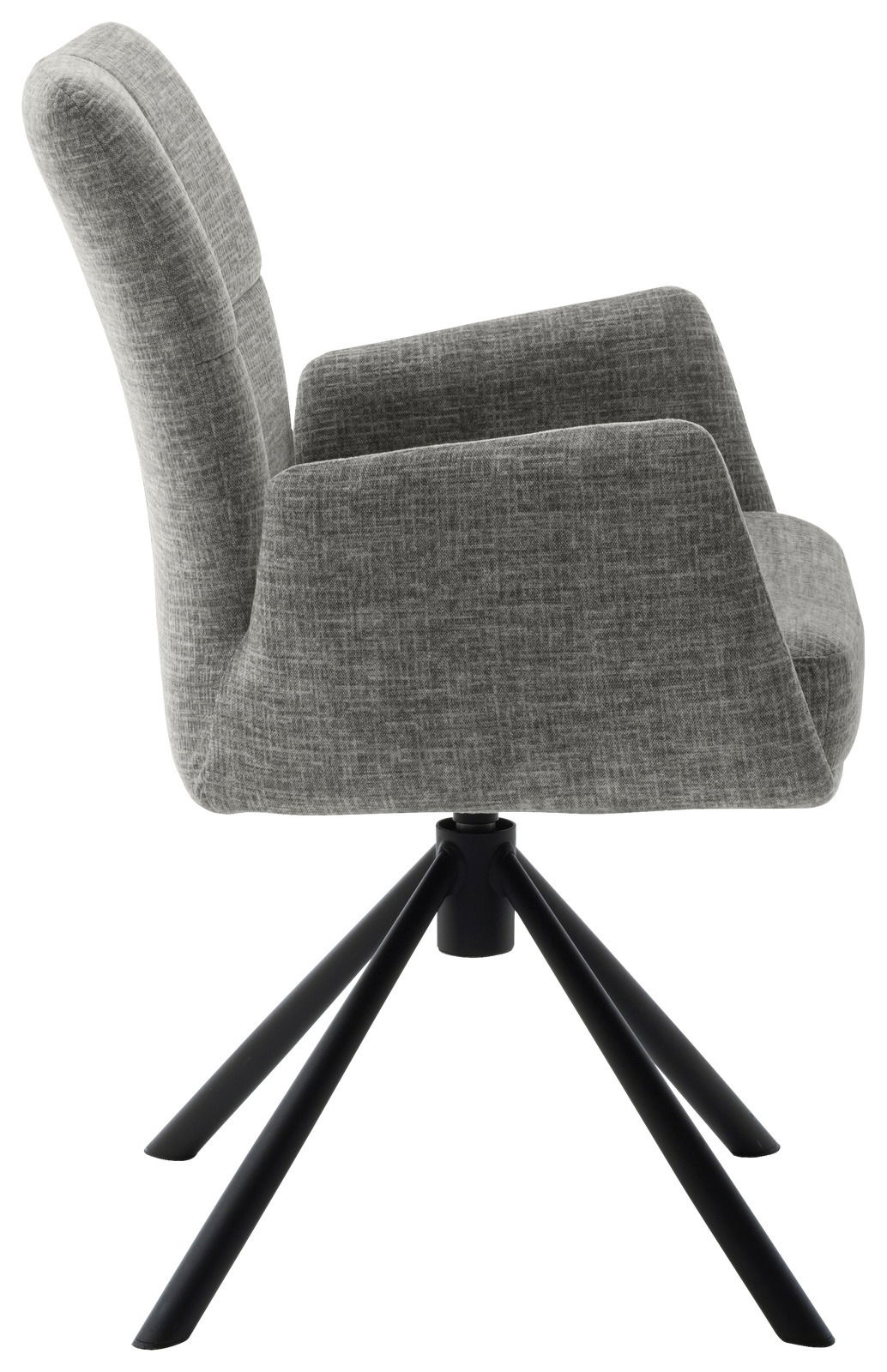 Grauer Sessel mit Stoffbezug und schwarzem Metallgestell, Seitenansicht