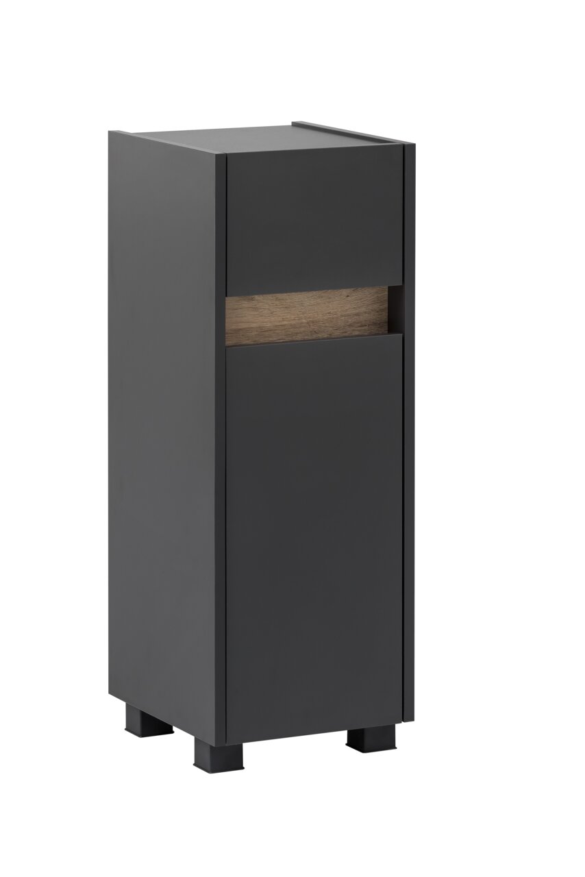 Moderner Unterschrank in dunklem Grau mit Holzdetail, perspektivische Ansicht von vorne links
