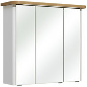 Moderner Spiegelschrank mit drei Türen und Holzoberfläche, seitliche Perspektive