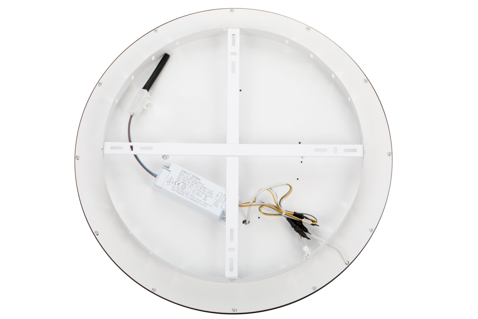 Rückansicht einer runden LED-Deckenleuchte mit sichtbaren Kabeln und LED-Treiber.