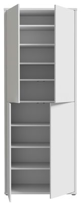 Weißer XL-Schuhschrank mit vier Türen, geöffnet, frontale Ansicht