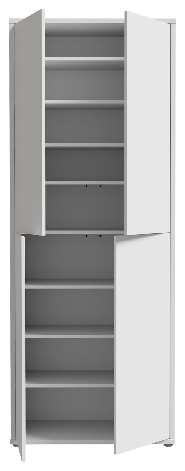 Weißer XL-Schuhschrank mit vier Türen, geöffnet, frontale Ansicht
