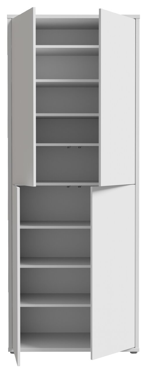 Weißer XL-Schuhschrank mit vier Türen, geöffnet, frontale Ansicht
