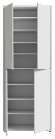 Weißer XL-Schuhschrank mit vier Türen, geöffnet, frontale Ansicht