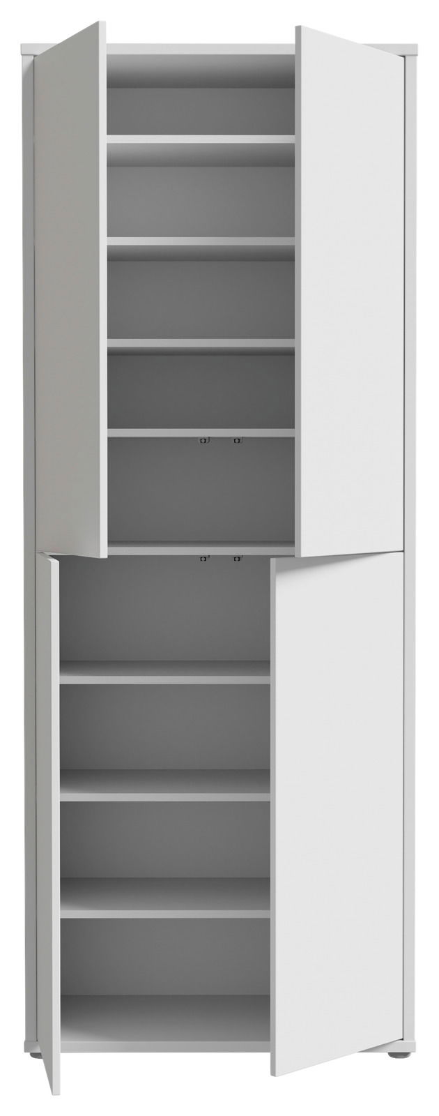 Weißer XL-Schuhschrank mit vier Türen, geöffnet, frontale Ansicht