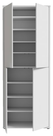Weißer XL-Schuhschrank mit vier Türen, geöffnet, frontale Ansicht