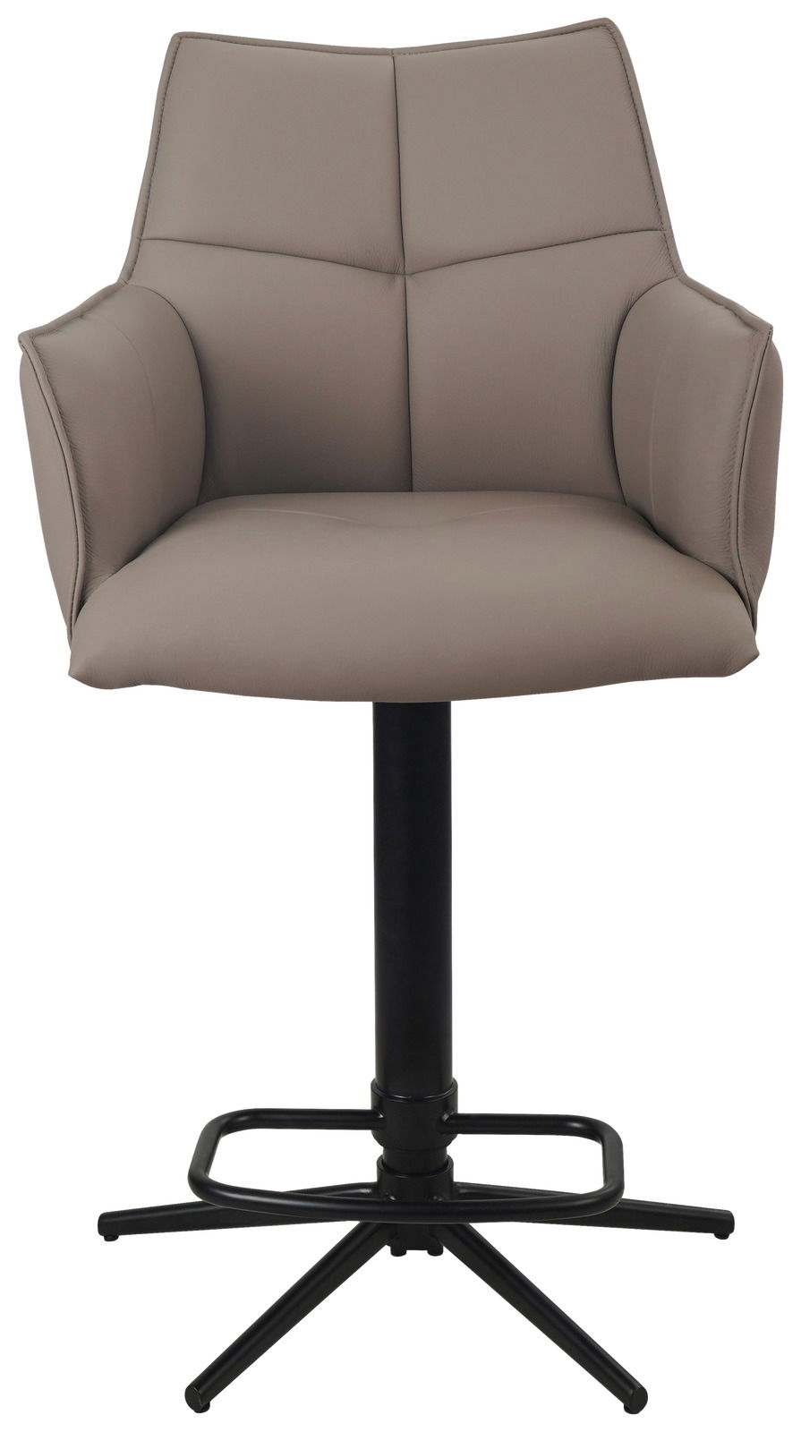 Moderner Barstuhl in Grau mit Armlehnen und schwarzem Metallfuß, Frontalansicht