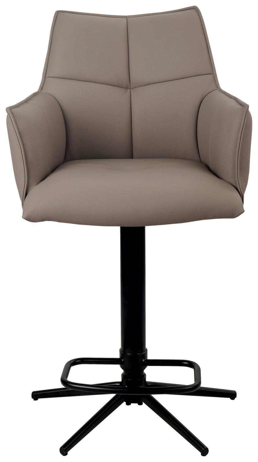 Moderner Barstuhl in Grau mit Armlehnen und schwarzem Metallfuß, Frontalansicht