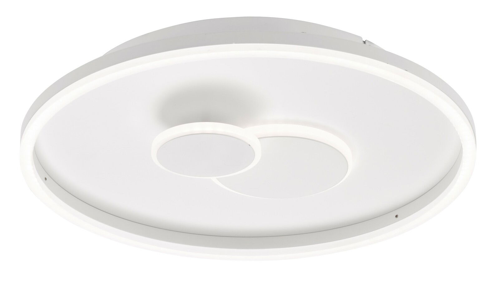 Moderne runde Deckenleuchte mit zwei konzentrischen Kreisen, seitliche Perspektive