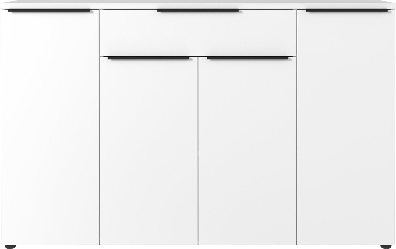 Weißes Sideboard mit drei Schubladen und zwei Türen, Frontansicht