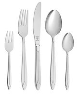 Besteckset Classic 60-tlg. aus Edelstahl, bestehend aus Gabel, Messer, Esslöffel, Dessertgabel und Teelöffel, in Vorderansicht.