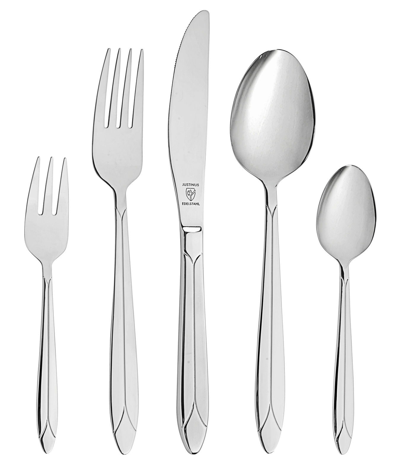 Besteckset Classic 60-tlg. aus Edelstahl, bestehend aus Gabel, Messer, Esslöffel, Dessertgabel und Teelöffel, in Vorderansicht.