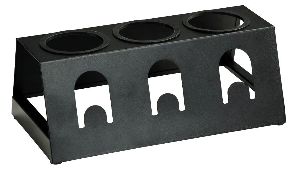 Schwarzer, mattierter Flaschenhalter mit drei runden Öffnungen, seitliche Perspektive