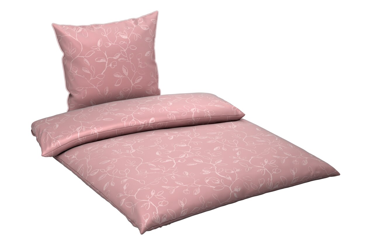 Rosa Bettwäsche-Set mit floralem Muster, bestehend aus einem Kissenbezug und einem Bettdeckenbezug, in schräger Perspektive.