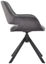 Moderner Sessel in Seitenansicht mit grauem Stoffbezug und schwarzem Metallgestell.