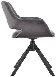 Moderner Sessel in Seitenansicht mit grauem Stoffbezug und schwarzem Metallgestell.