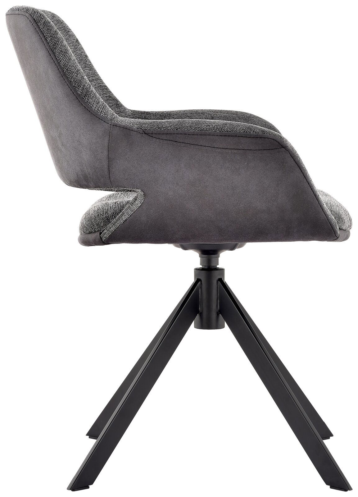 Moderner Sessel in Seitenansicht mit grauem Stoffbezug und schwarzem Metallgestell.