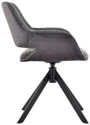 Moderner Sessel in Seitenansicht mit grauem Stoffbezug und schwarzem Metallgestell.