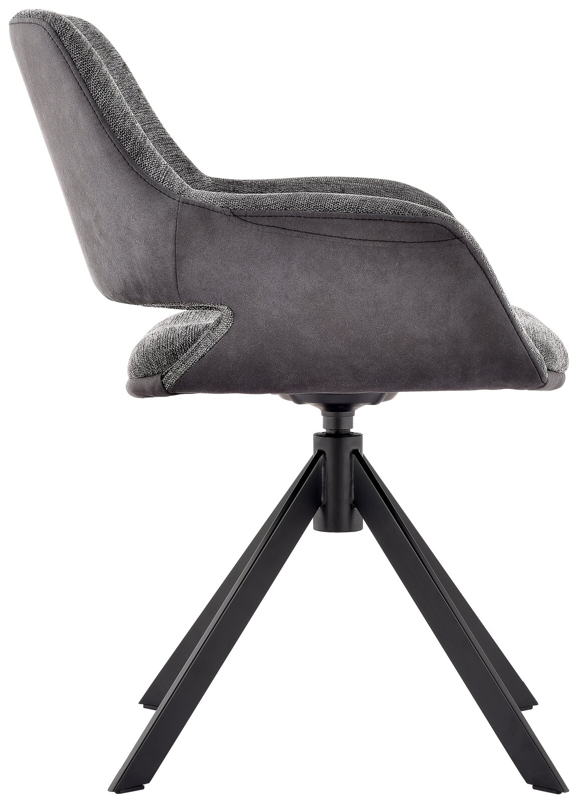 Moderner Sessel in Seitenansicht mit grauem Stoffbezug und schwarzem Metallgestell.