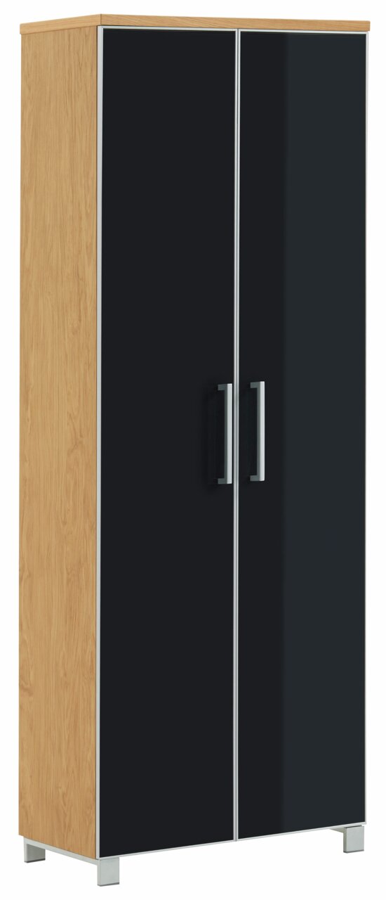 VOSS Halkast SANTINA Moderner Dielenschrank mit schwarzer Hochglanzfront und Holzseiten, perspektivisch von vorne links fotografiert.