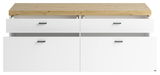 Frontansicht eines TV-Lowboards mit weißem Korpus und Holzoberfläche, zwei offene Schubladen oben.