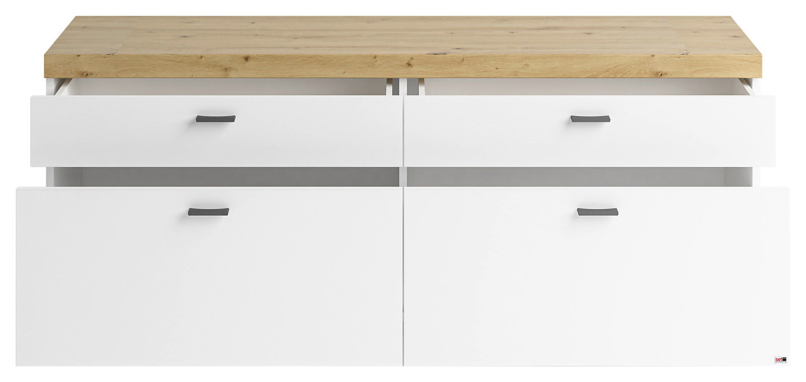 Set one by Musterring TV-Lowboard SET ONE LANCASTER Frontansicht eines TV-Lowboards mit weißem Korpus und Holzoberfläche, zwei offene Schubladen oben.