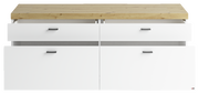 Frontansicht eines TV-Lowboards mit weißem Korpus und Holzoberfläche, zwei offene Schubladen oben.